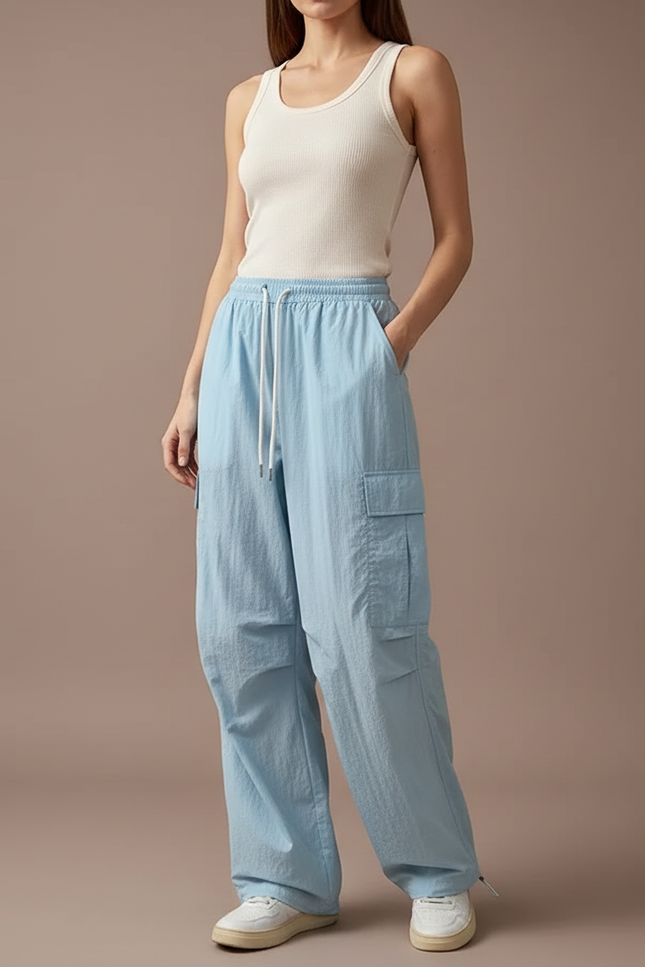 Pantalon Cargo Bleu Ciel Fluide Ample Multipoches - Polyester