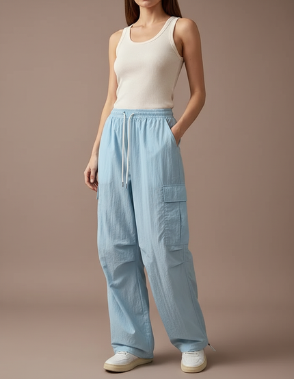 Pantalon Cargo Bleu Ciel Fluide Ample Multipoches - Polyester