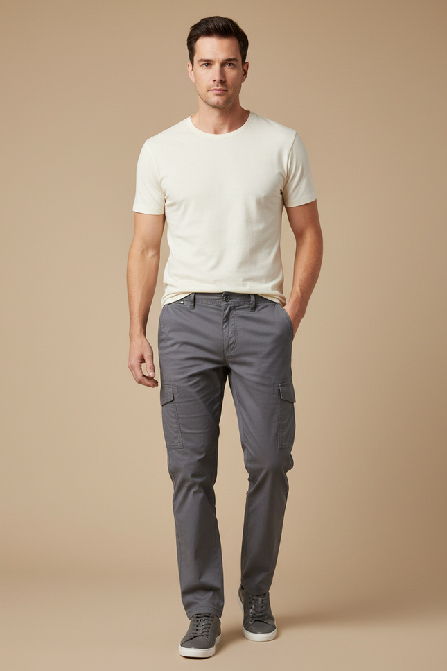 Pantalon Cargo Gris Coton Ajusté Décontracté Homme