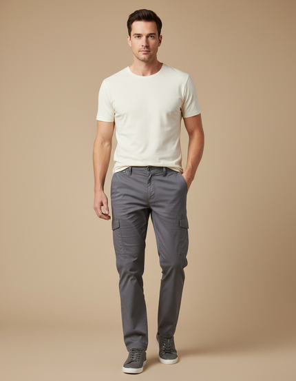Pantalon Cargo Gris Coton Ajusté Décontracté Homme