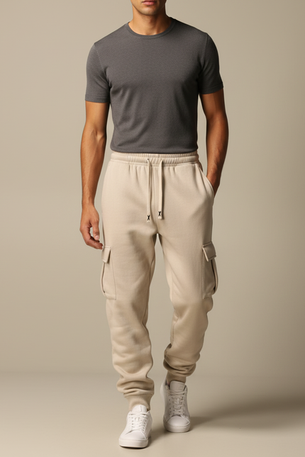Pantalon Cargo Beige Molletonné Décontracté Multipoches Homme