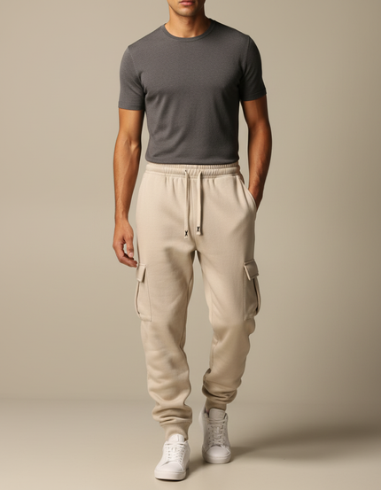 Pantalon Cargo Beige Molletonné Décontracté Multipoches Homme