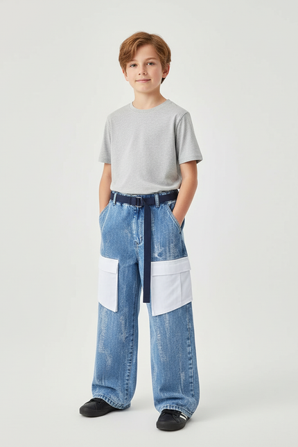Pantalon Cargo Denim Ample Poches Blanches Garçon - Bleu Jean