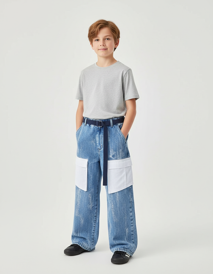 Pantalon Cargo Denim Ample Poches Blanches Garçon - Bleu Jean