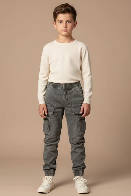 Pantalon Cargo Gris Multipoches Coton Garçon Décontracté - Toile