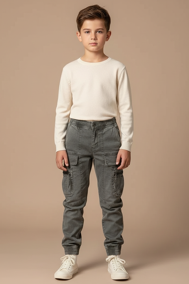 Pantalon Cargo Gris Multipoches Coton Garçon Décontracté - Toile