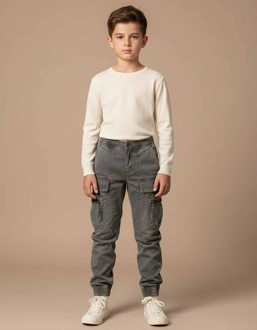 Pantalon Cargo Gris Multipoches Coton Garçon Décontracté - Toile
