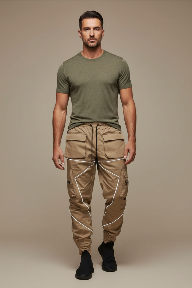 Pantalon Cargo Beige Réfléchissant Ample Multipoches Homme - Polyester
