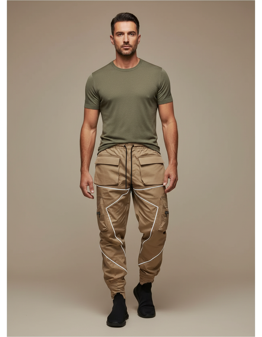 Pantalon Cargo Beige Réfléchissant Ample Multipoches Homme - Polyester