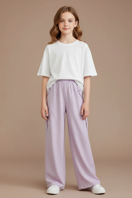Pantalon Cargo Lilas Ample Fluide Élastique Fille - Violet Polyester