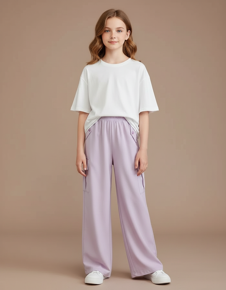 Pantalon Cargo Lilas Ample Fluide Élastique Fille - Violet Polyester
