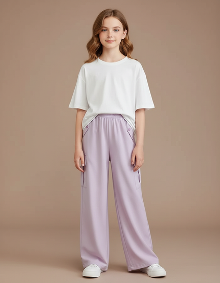 Pantalon Cargo Lilas Ample Fluide Élastique Fille - Violet Polyester