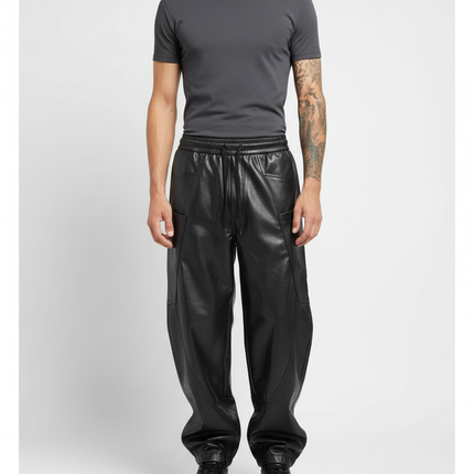 Pantalon Cargo Homme Noir Similicuir Ample Multi-Poches - Simili cuir