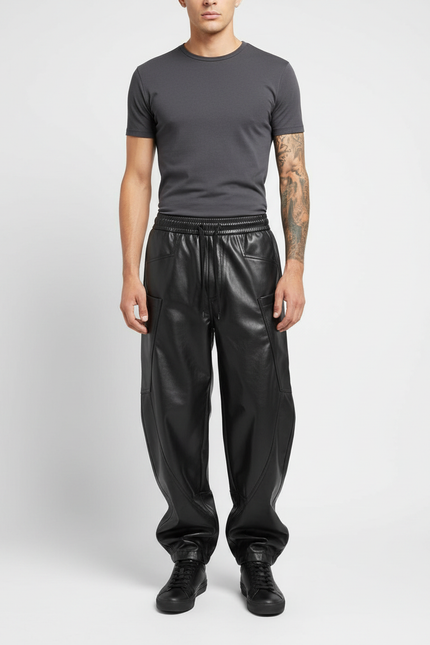 Pantalon Cargo Homme Noir Similicuir Ample Multi-Poches - Simili cuir