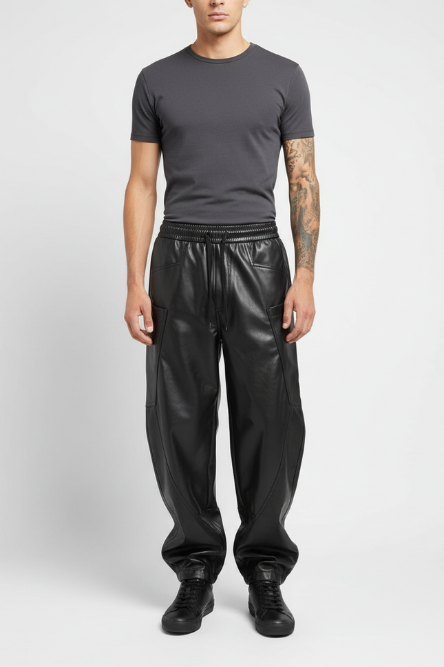 Pantalon Cargo Homme Noir Similicuir Ample Multi-Poches - Simili cuir