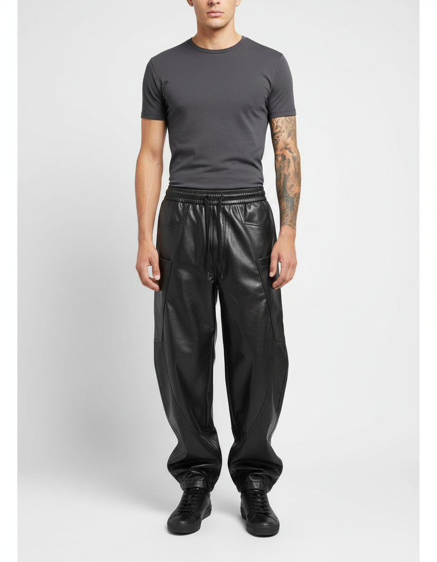 Pantalon Cargo Homme Noir Similicuir Ample Multi-Poches - Simili cuir