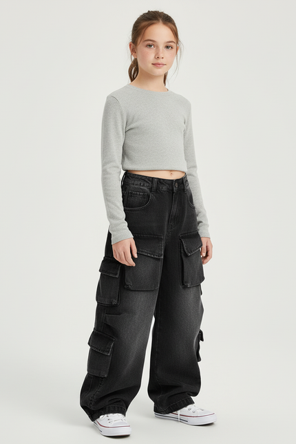 Pantalon Cargo Noir Décontracté Ample Denim Multipoches Fille - Jean