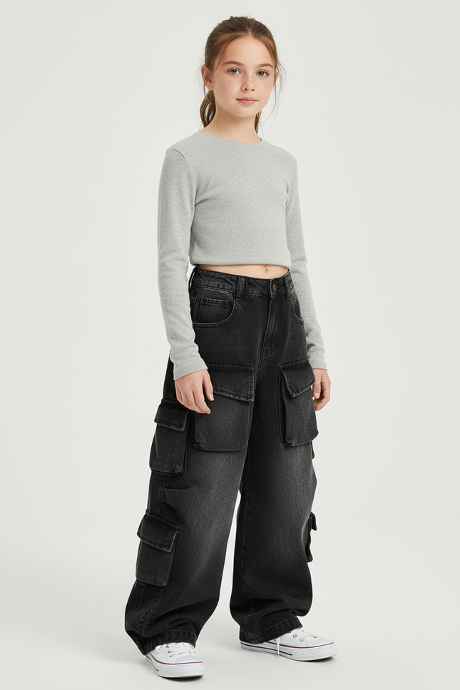 Pantalon Cargo Noir Décontracté Ample Denim Multipoches Fille - Jean