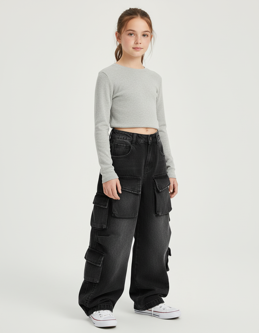 Pantalon Cargo Noir Décontracté Ample Denim Multipoches Fille - Jean