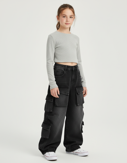 Pantalon Cargo Noir Décontracté Ample Denim Multipoches Fille - Jean