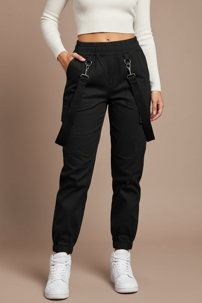 Pantalon Cargo Noir Coton Ample Bretelles Femme