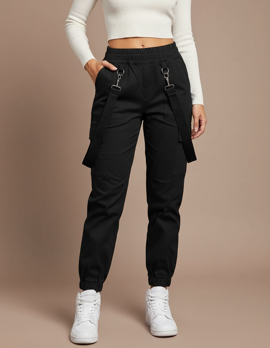 Pantalon Cargo Noir Coton Ample Bretelles Femme