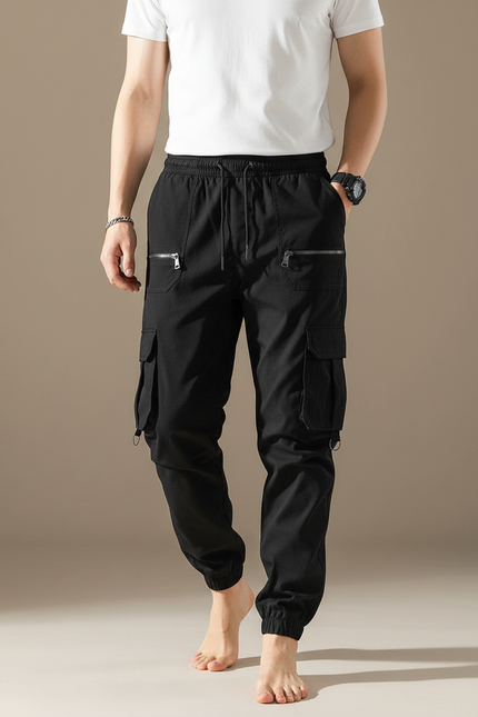 Pantalon Cargo Noir Homme Ample Coton Zippé