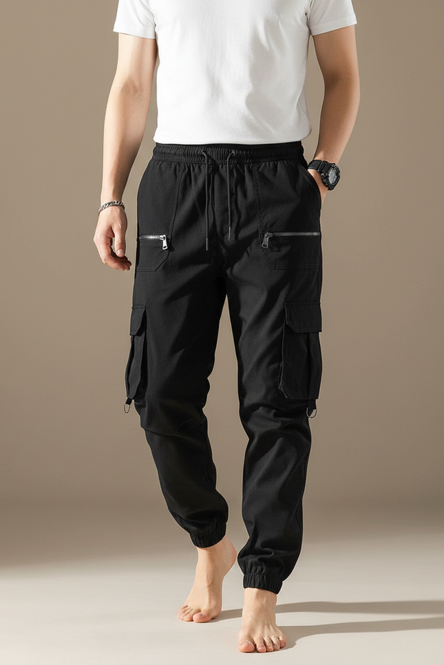 Pantalon Cargo Noir Homme Ample Coton Zippé