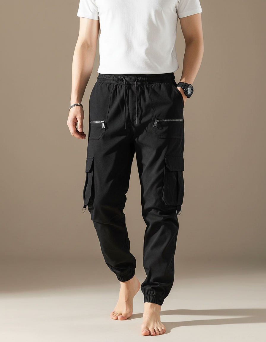 Pantalon Cargo Noir Homme Ample Coton Zippé