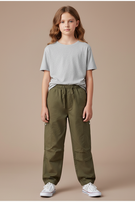 Pantalon Cargo Kaki Ample Décontracté Enfant Coton - Toile
