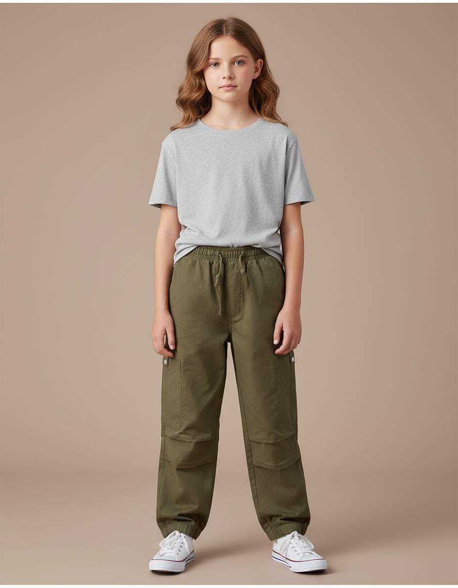Pantalon Cargo Kaki Ample Décontracté Enfant Coton - Toile