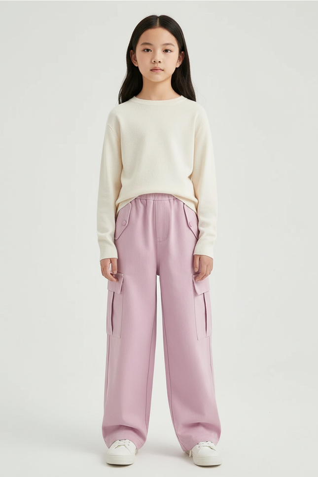 Pantalon Cargo Fille Rose Baggy Toile - Molleton