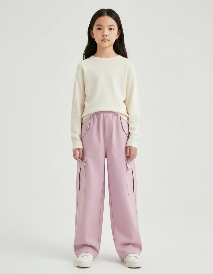 Pantalon Cargo Fille Rose Baggy Toile - Molleton