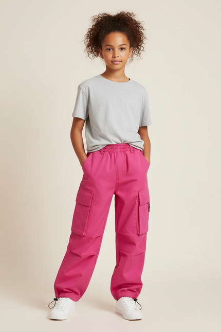 Pantalon Cargo Fuchsia Ample Enfant Multipoches Streetwear - Rose Toile