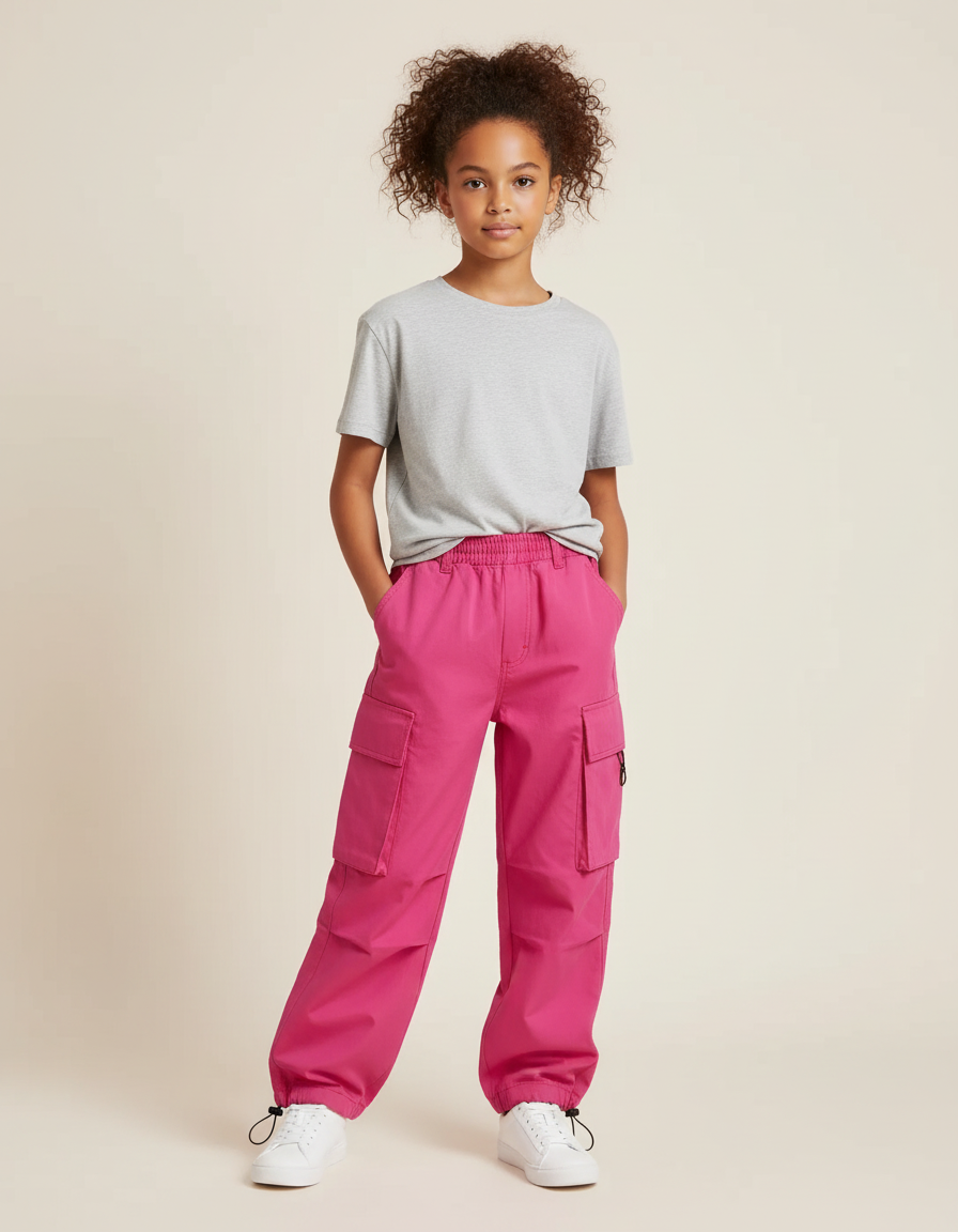 Pantalon Cargo Fuchsia Ample Enfant Multipoches Streetwear - Rose Toile