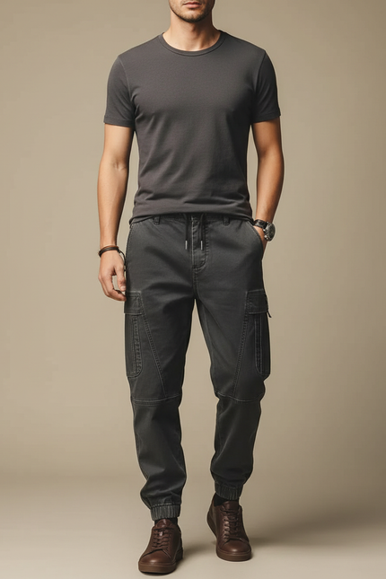 Pantalon Cargo Homme Noir Ample Coton Multipoches - Gris Toile