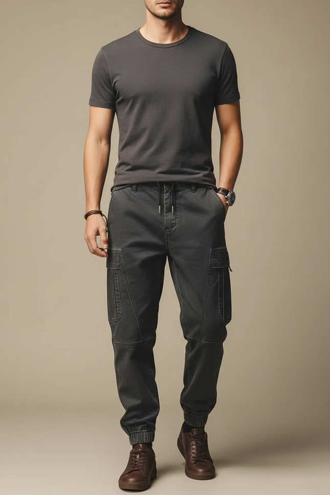 Pantalon Cargo Homme Noir Ample Coton Multipoches - Gris Toile