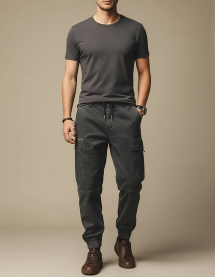 Pantalon Cargo Homme Noir Ample Coton Multipoches - Gris Toile