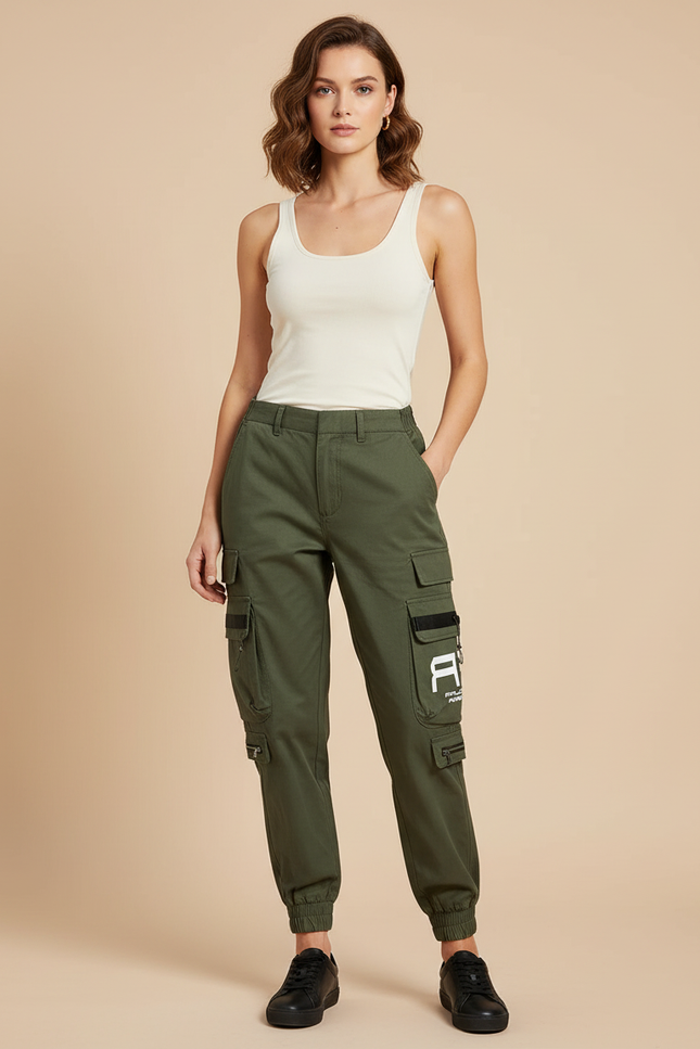 Pantalon Cargo Kaki Ample Multi-Poches Imprimé Femme - Toile