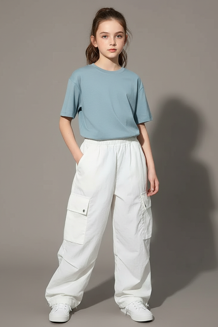 Pantalon Cargo Blanc Ample Décontracté Jeune Fille - Toile