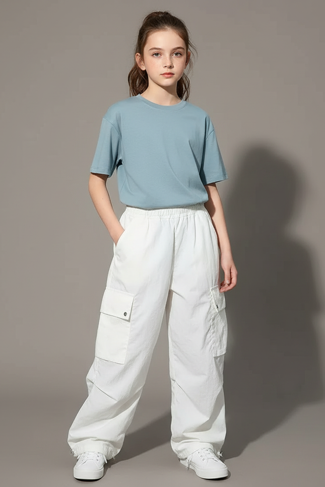 Pantalon Cargo Blanc Ample Décontracté Jeune Fille - Toile