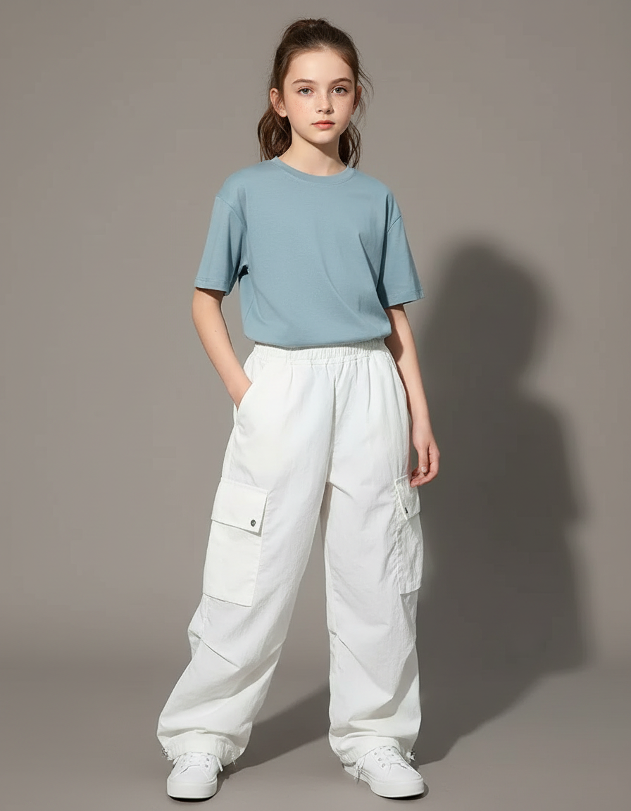 Pantalon Cargo Blanc Ample Décontracté Jeune Fille - Toile