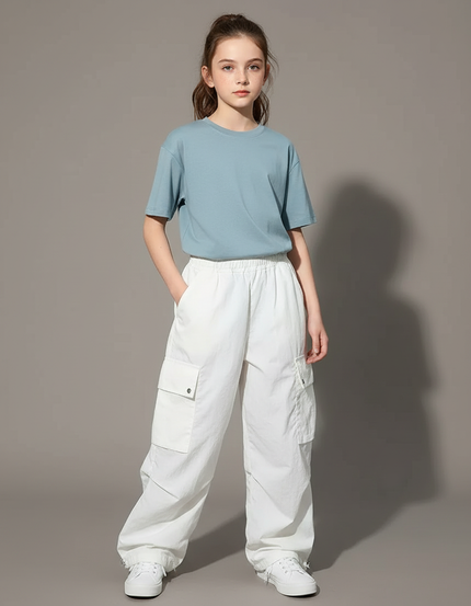Pantalon Cargo Blanc Ample Décontracté Jeune Fille - Toile