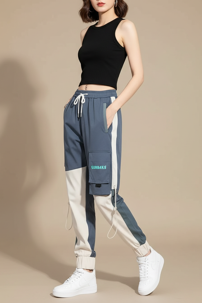 Pantalon Cargo Bicolore Ample Streetwear Femme Cordon - Multicolore Polyester