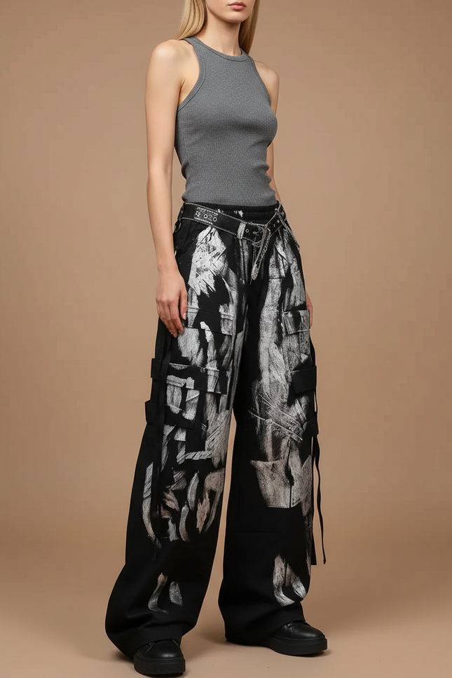 Pantalon Cargo Noir Peint Large Ample Femme - Toile