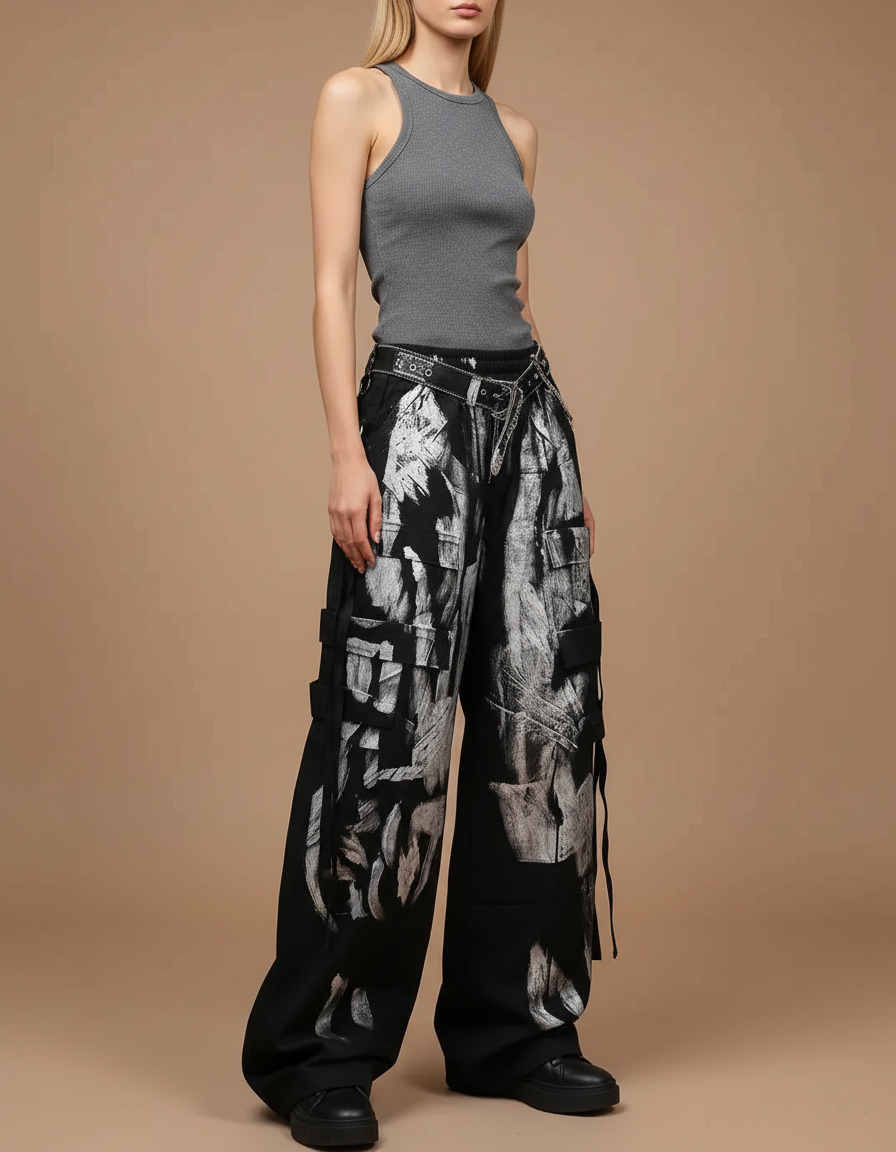 Pantalon Cargo Noir Peint Large Ample Femme - Toile