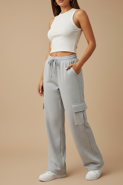 Pantalon Cargo Gris Ample Molletonné Doux Femme
