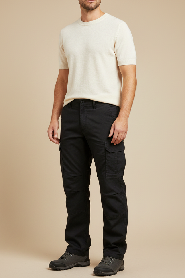 Pantalon Cargo Noir Droit Coton Multipoches Homme