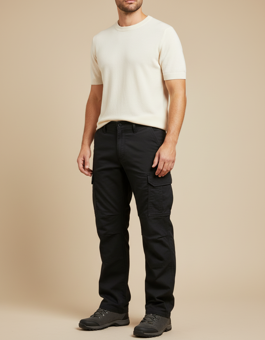 Pantalon Cargo Noir Droit Coton Multipoches Homme