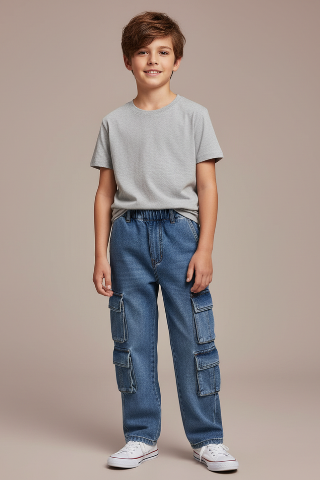 Pantalon Cargo Denim Bleu Ample Garçon Poches Multiples - Jean